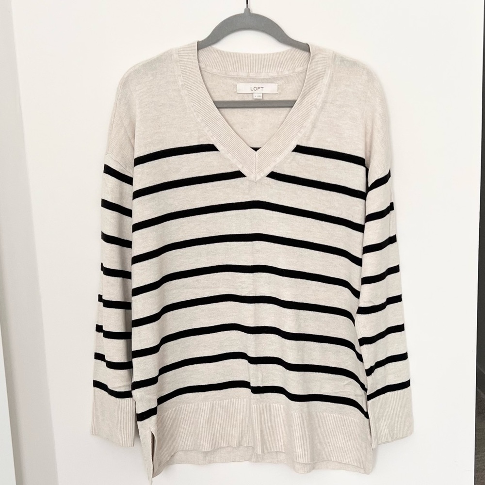 LOFT Ivory and black striped Knit Sweater